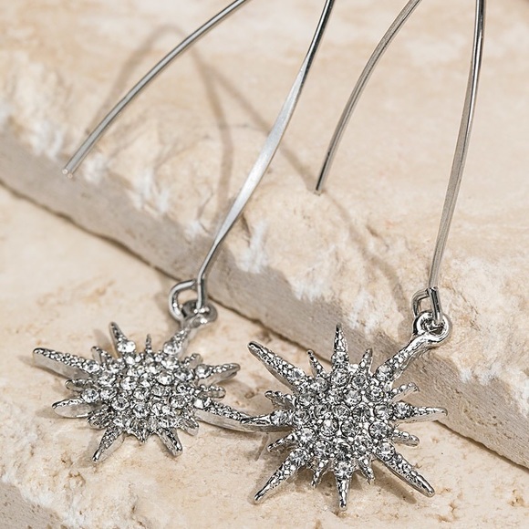 Crystal Starburst Wire Hook Earrings - Silver - Picture 2 of 3